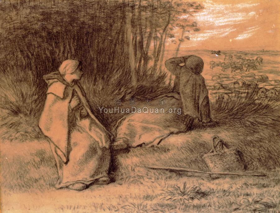 Shepherdesses Seated In The Shade - 让·弗朗索瓦·米勒